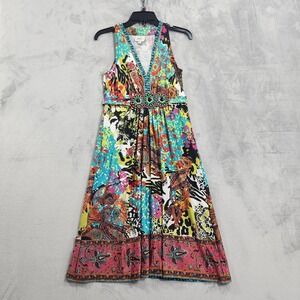 Vintage ECI New York Dress Womens 8 Multicolor Paisley Beaded Tie Back Midi Boho